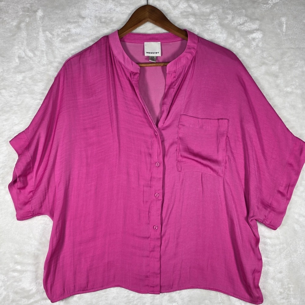 Industry Womens Hot Pink Button Up Shirt Short Drop Sleeve Silky Satin Large